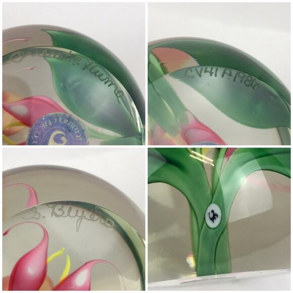 Orient & Flume Pink Callalily Flower Lampwork Paperweight Vintage Beyers Bag COA - Picture 9 of 15